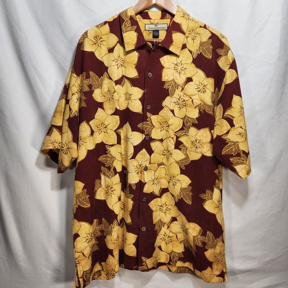 Vintage Tommy Bahama Silk Mens Size Large Red Yellow Short Sleeve Button Up